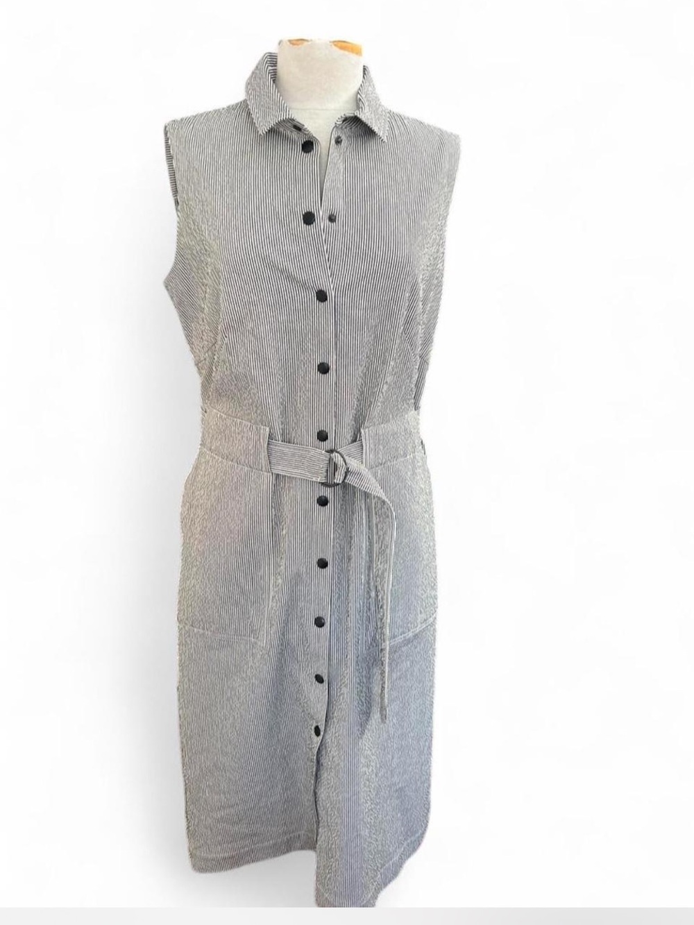 Akris Punto striped sleeveless seersucker midi shirt dress with belt Size 12